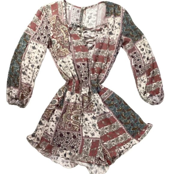 American Eagle Outfitters Lace-Up V-Neck Romper XS BOHO Cottagecore Hippie 149B - Picture 5 of 8